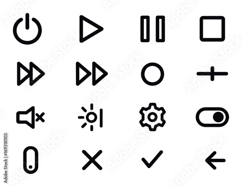Media controls linear icon set. featuring play, pause, stop, forward, backward, volume, and settings symbols.