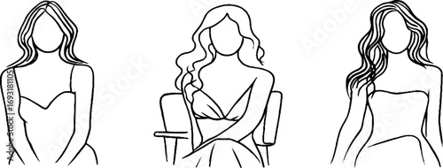 Minimalist line art collection of elegant women posing in graceful stances for aesthetic design