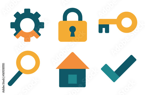 Security and tools flat icon set. featuring gear, padlock, key, magnifying glass, house, checkmark.