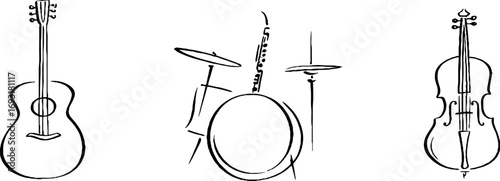 Minimalist musical instrument line art set featuring guitar, drum, flute, and violin for bohemian design