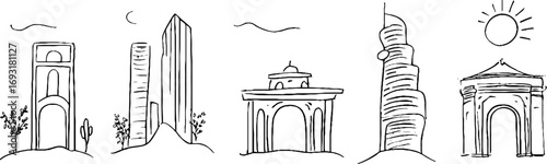 Minimalist line art of modern and classical architectural structures for design