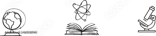 Minimalist line art set featuring globe, atom, and microscope for educational design