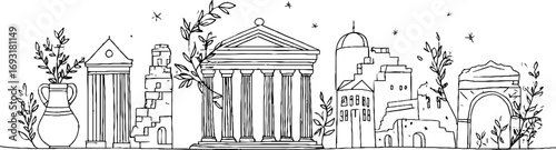 Minimalist line art of greek columns and amphora with architectural elements for bohemian design