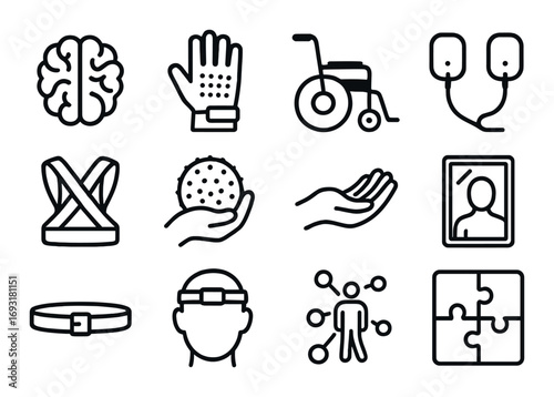 Medical and rehabilitation linear icon set. featuring brain, glove, wheelchair, electrodes, harness, and ball symbols.