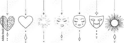 Minimalist line art collection featuring heart, brain, smiley face, and mask designs for aesthetic and tattoo inspiration