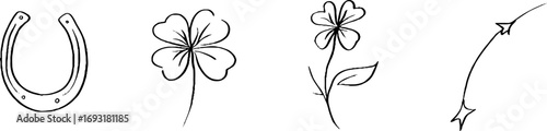 Minimalist line art set featuring horseshoe and four leaf clover for decorative use