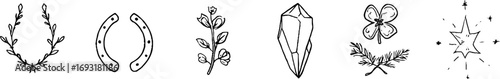 Minimalist line art set featuring horseshoe, clover, and coin elements for design and tattoo ideas