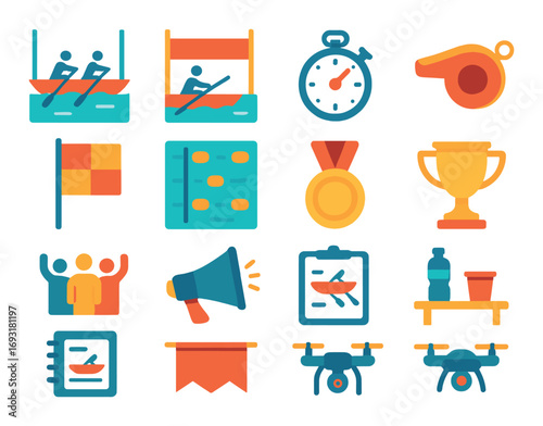 Sports events flat icon set. featuring rowing, stopwatch, whistle, medal, trophy, clipboard, and drone.