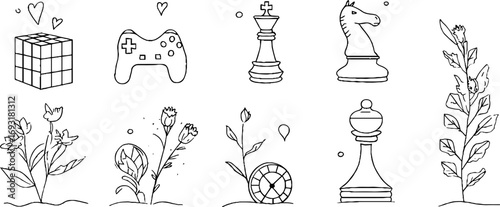 Minimalist line art collection featuring joystick cube ball and chess pieces for modern design