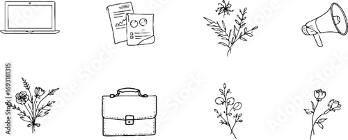 Minimalist line art collection featuring laptop, documents, charts, and nature elements for design and decoration