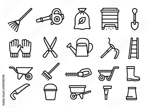 Gardening tools linear icons set. featuring rake, gloves, watering can, wheelbarrow, shovel, ladder, and pruner.