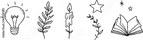 Minimalist line art collection with lightbulb, feather, candle, star, and open book for design projects