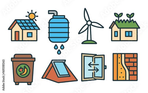 Eco-friendly energy linear icon set. featuring solar house, water tank, wind turbine, compost bin, solar panel, insulation.