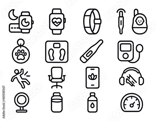 Fitness and wellness linear icon set. featuring smartwatch, thermometer, pedometer, scale, and headphones.