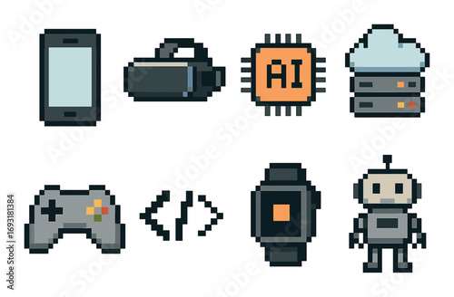 Technology and future linear icon set. featuring smartphone, vr headset, ai chip, cloud server, game controller, coding, smartwatch, robot.