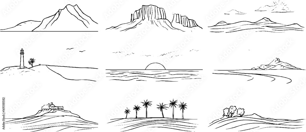 Fototapeta premium Minimalist line art collection of mountain and landscape silhouettes for aesthetic design projects