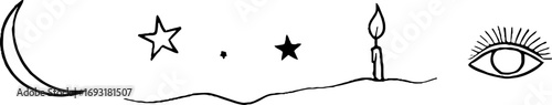 Minimalist boho line art featuring moon stars candle and eye design