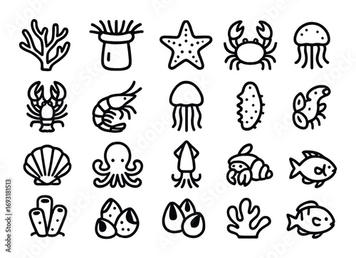 Marine life silhouette icon set. featuring coral, starfish, crab, lobster, shrimp, jellyfish, fish.