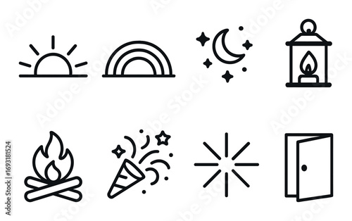 Nature and celebration linear icon set. featuring sunrise, rainbow, night sky, lantern, campfire, party, sparkle, portal.