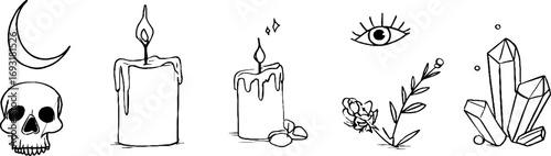 Minimalist line art set featuring moon, tarot card, candle, skull, eye, crystal, and floral motifs