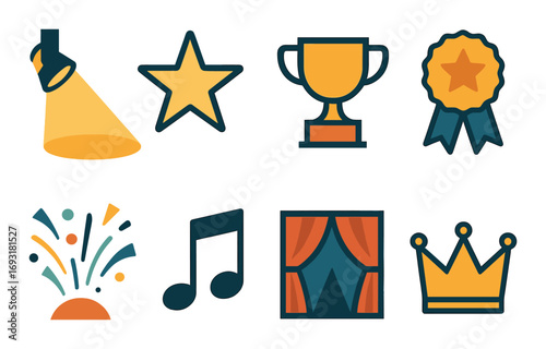 Entertainment flat icon set. featuring spotlight, star, trophy, medal, fireworks, music note, curtain, and crown symbols.