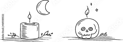 Mystical minimalist line art: moon, candle, and skull for bohemian tarot design