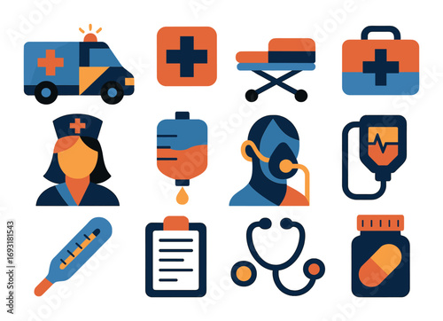 Healthcare silhouette icon set. featuring ambulance, first aid, nurse, iv, doctor, heart rate, and thermometer.