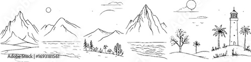 Minimalist line art set depicting mountain peaks and desert landscape scenes for aesthetic design