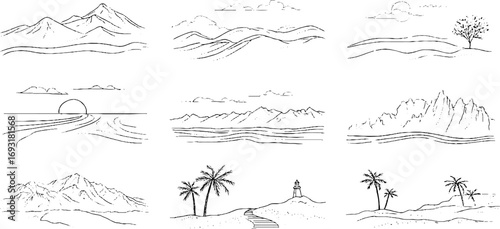 Minimalist line art collection featuring mountain silhouettes and coastal scenes for design and decor