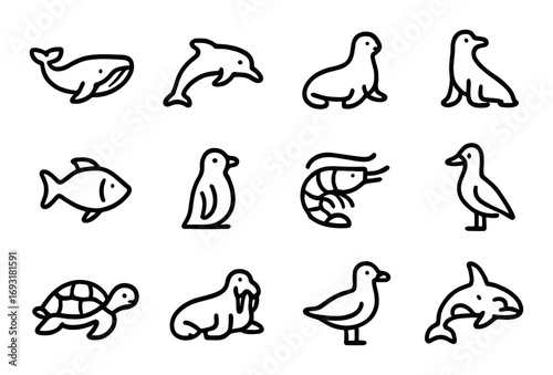 Marine animals linear icons set. featuring whale, dolphin, seal, fish, penguin, shrimp, and more..