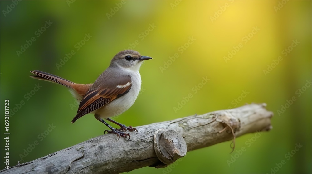 Obraz premium Stunning small bird with brown wings, white underparts, and reddish tail perched on a weathered wooden branch, bathed in golden sunlight against a vibrant green bokeh.