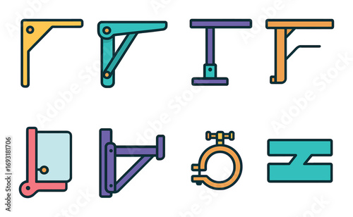 Industrial silhouette icon set. featuring lifting mechanisms, clamps, pistons, hinges, and brackets.
