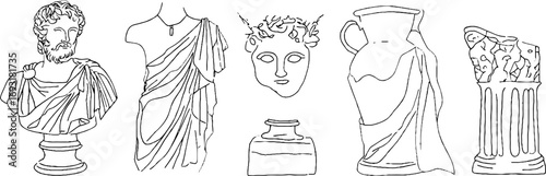 Minimalist line art collection featuring philosophical busts and classical artifacts