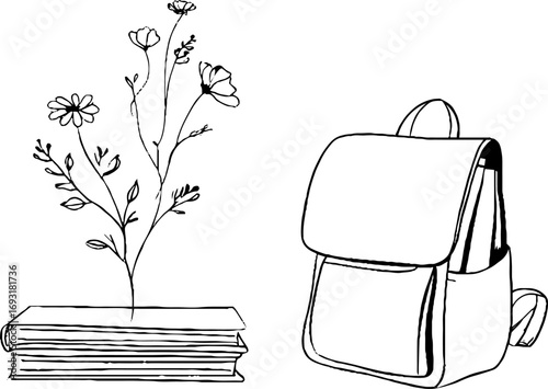 Minimalist line art of books and backpack with botanical accent for aesthetic design