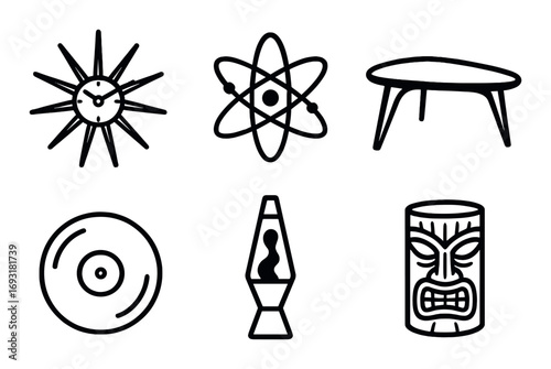 Retro style silhouette icon set. featuring sunburst clock, atom model, kidney table, vinyl record, lava lamp, tiki mask.