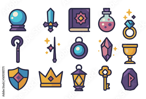 Fantasy flat icons set. featuring crystal ball, sword, potion, ring, wand, and shield symbols.