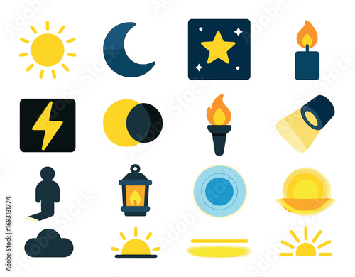 Lighting silhouette icon set. featuring sun, moon, star, candle, lightning, lantern, spotlight, torch, sunrise..
