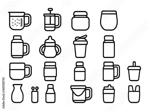 Beverage container linear icon set. featuring mug, jar, thermos, canister, carafe, and sippy cup symbols.