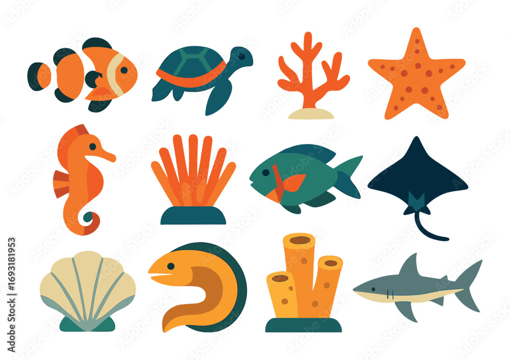 Naklejka premium Underwater life flat icon set. featuring fish, turtle, coral, starfish, seahorse, clam, and shark symbols.