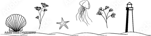 Minimalist line art of seashell, anchor, and jellyfish for boho decor and design