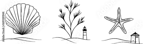 Coastal minimalist line art collection featuring seashell, lighthouse, and starfish for nautical design