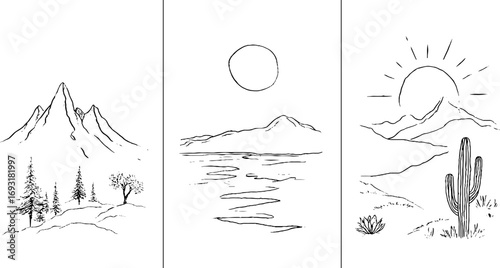 Minimalist line art illustrations of mountain peaks and nature scenes for bohemian design