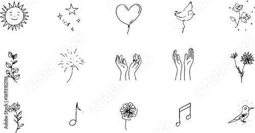 Minimalist line art collection featuring smiling sun, dancing figures, nature elements, and musical notes for aesthetic designs