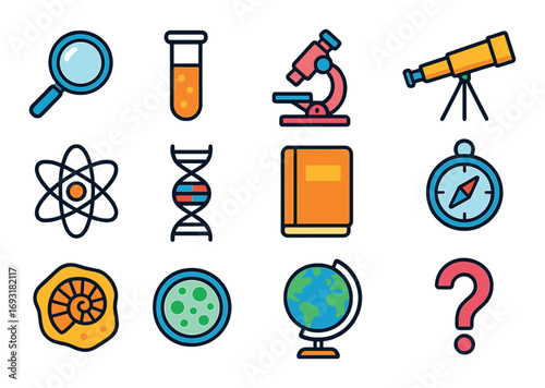 Science education flat icon set. featuring microscope, telescope, atom, dna, book, compass, fossil, petri dish, globe.