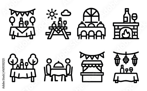 Restaurant dining linear icon set. featuring table, picnic, dinner, fireplace, outdoor, banquet, and drinks symbols.