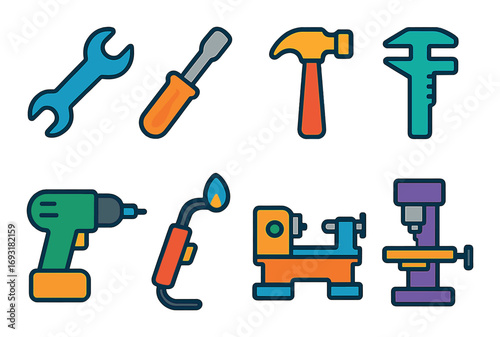 Tools flat icon set. featuring wrench, screwdriver, hammer, pliers, drill, torch, lathe, and press icons.