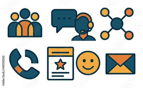 Customer service flat icon set. featuring team, chat, support agent, network, call, badge, smile, email icons.