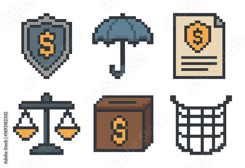 Legal and finance pixel icon set. featuring shield, umbrella, contract, scales, savings box, grid.