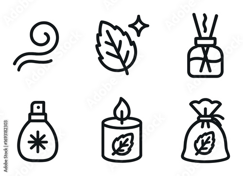 Aromatherapy silhouette icon set. featuring incense, leaf, diffuser, spray, candle, and sachet symbols.