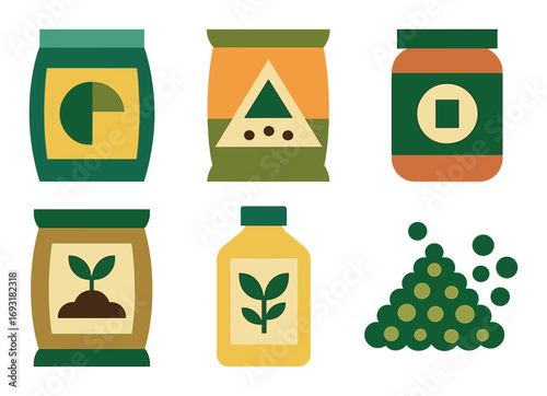 Gardening supplies flat icon set. featuring seed bag, plant, fertilizer, soil, jar, and nutrients symbols.
